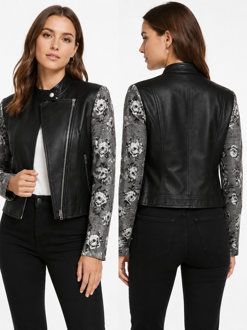 384. Faux Leather Moto Jacket with Floral Plaid Sleeves - Black